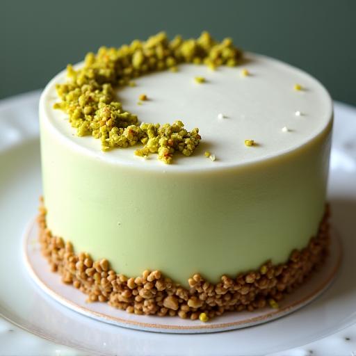 Torta al pistacchio con glassa bianca e pistacchi tritati.