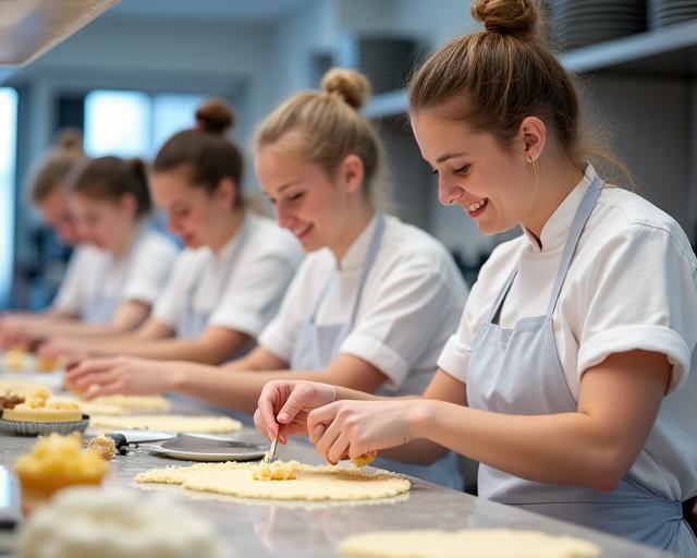 Studenti sorridenti durante un corso di pasticceria.